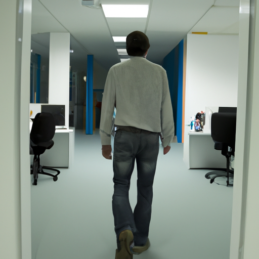 Photo taken from behind of a man walking through an office