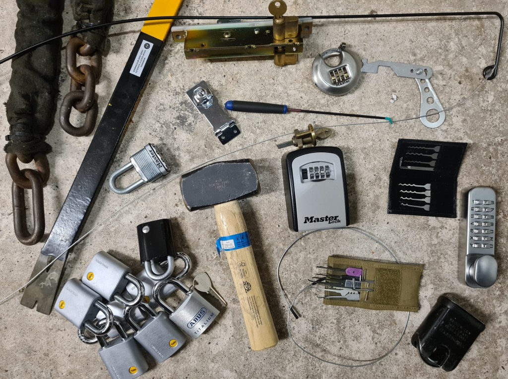 A selection of locks and entry tools.